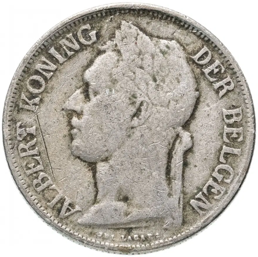 Бельгийское Конго  1 франк (franc) 1921 Надпись на голландском - 'ALBERT KONING DER BELGEN', аверс