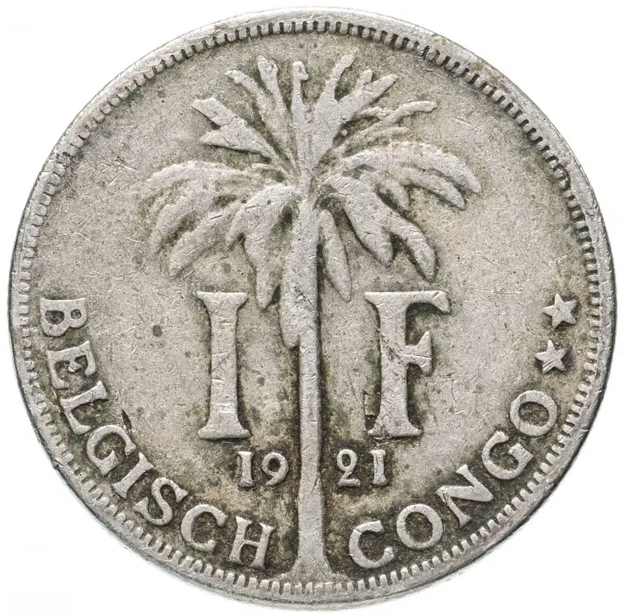 Бельгийское Конго  1 франк (franc) 1921 Надпись на голландском - 'ALBERT KONING DER BELGEN', реверс