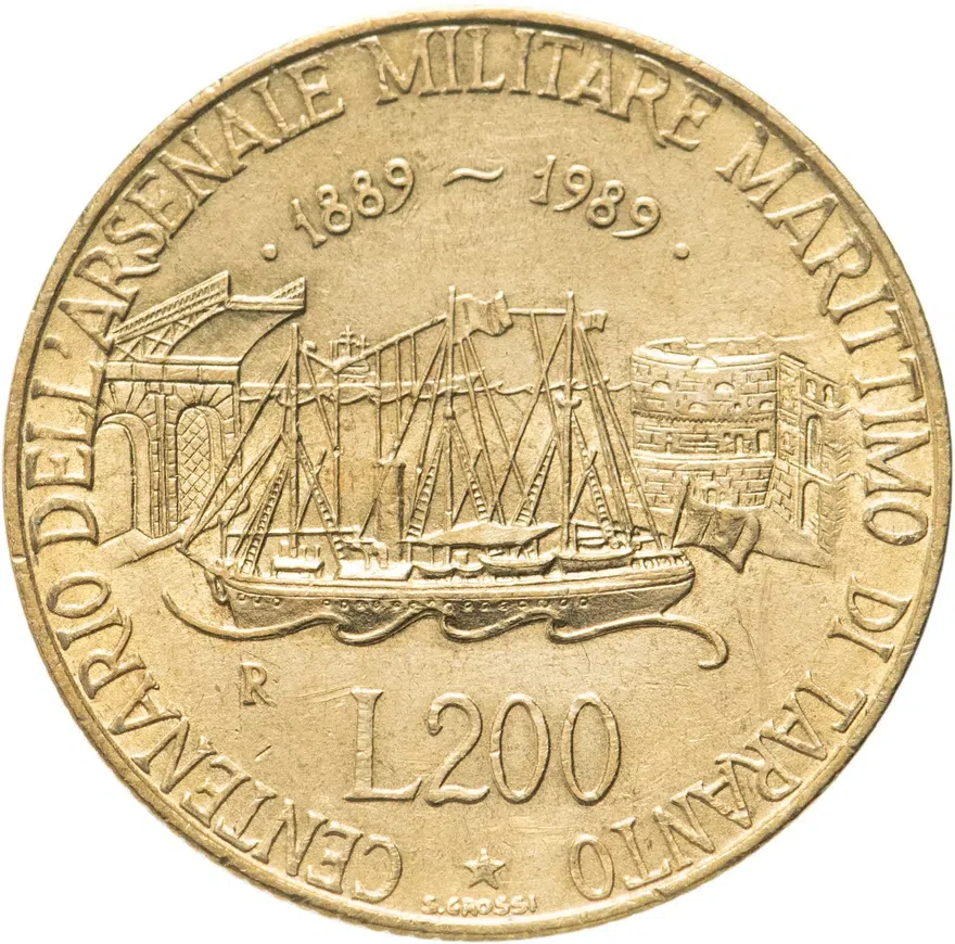 Италия 200 лир (lire) 1989  100 лет морской военной базе в Таранто