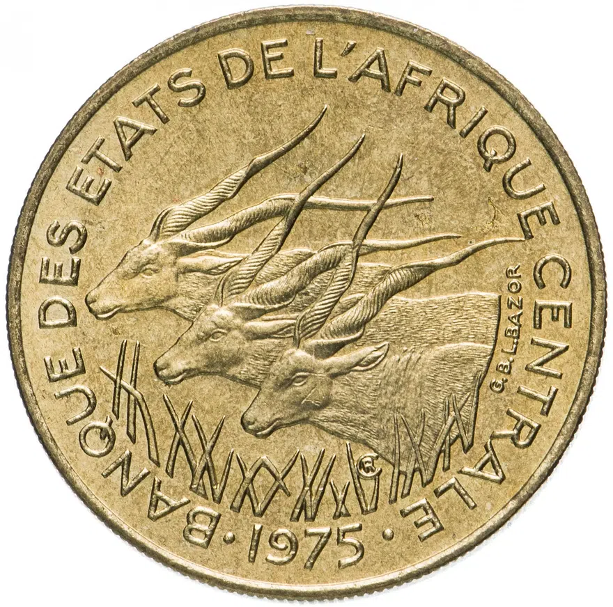 Центральная Африка (BEAC) 25 франков (francs) 1975, реверс