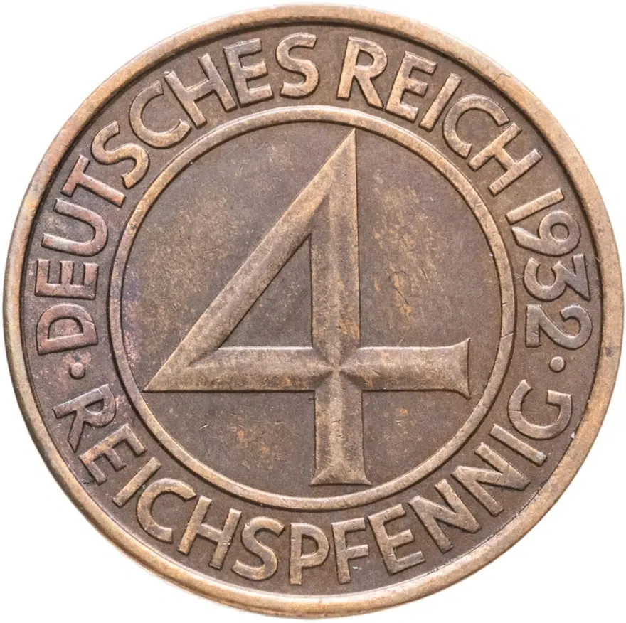 Германия (Веймарская республика) 4 рейх пфеннига (reichspfennig) 1932 E, аверс