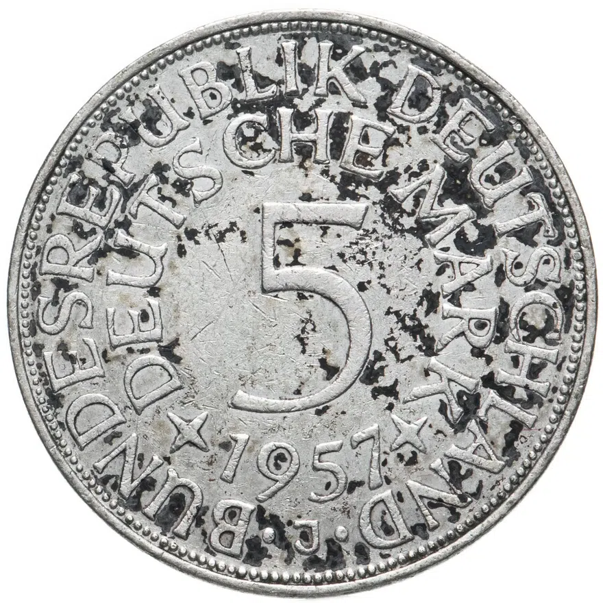 Германия 5 марок (deutsche mark) 1957 J  знак монетного двора: "J" - Гамбург