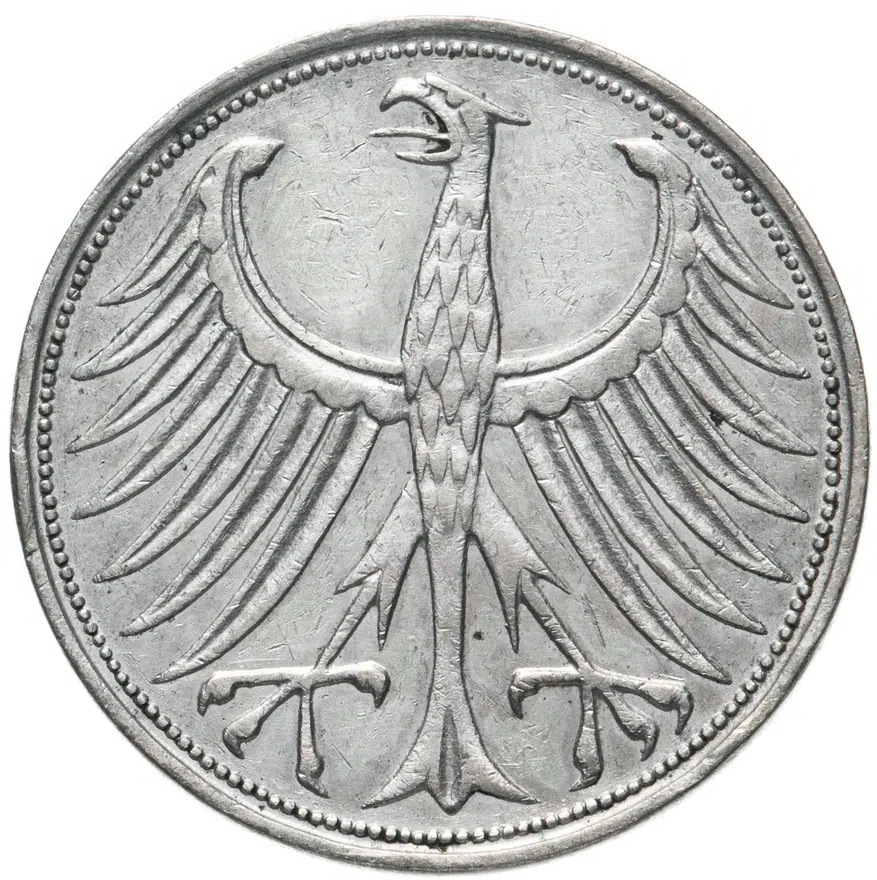 Германия 5 марок (deutsche mark) 1957 J  знак монетного двора: "J" - Гамбург, реверс