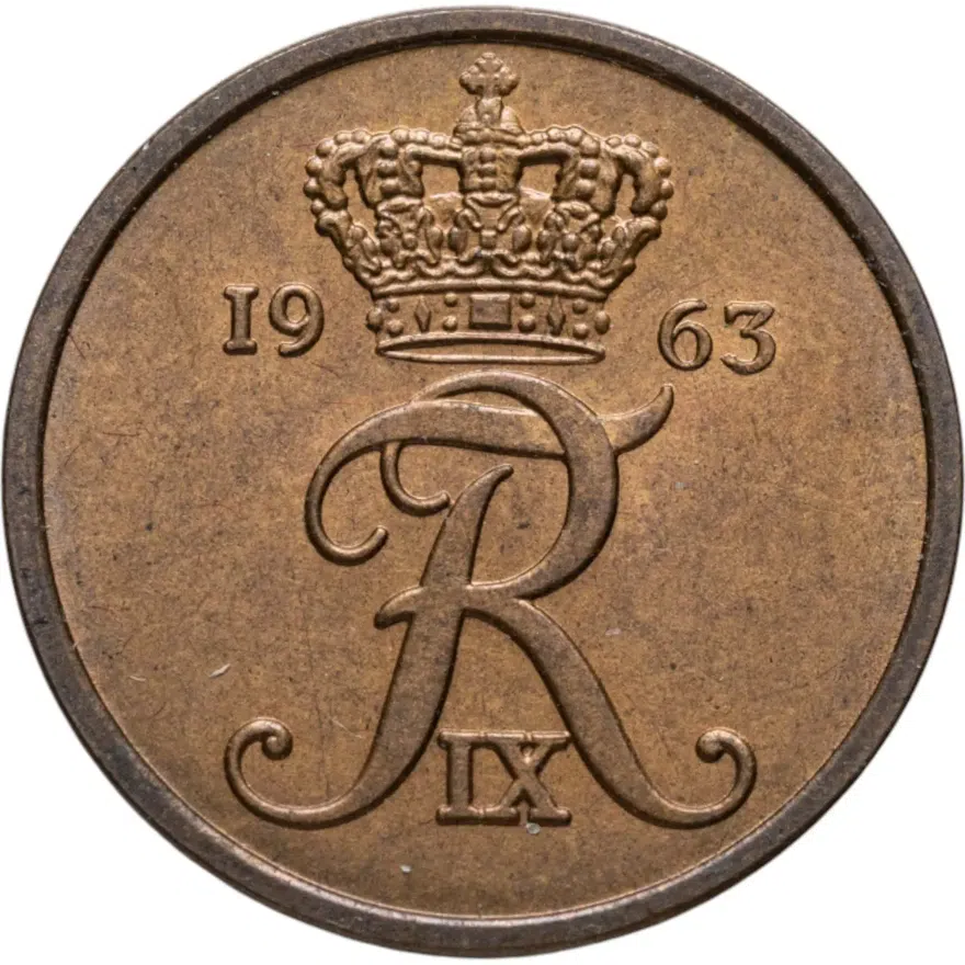 Дания 2 эре (ore) 1963  Бронза /коричневый цвет/
