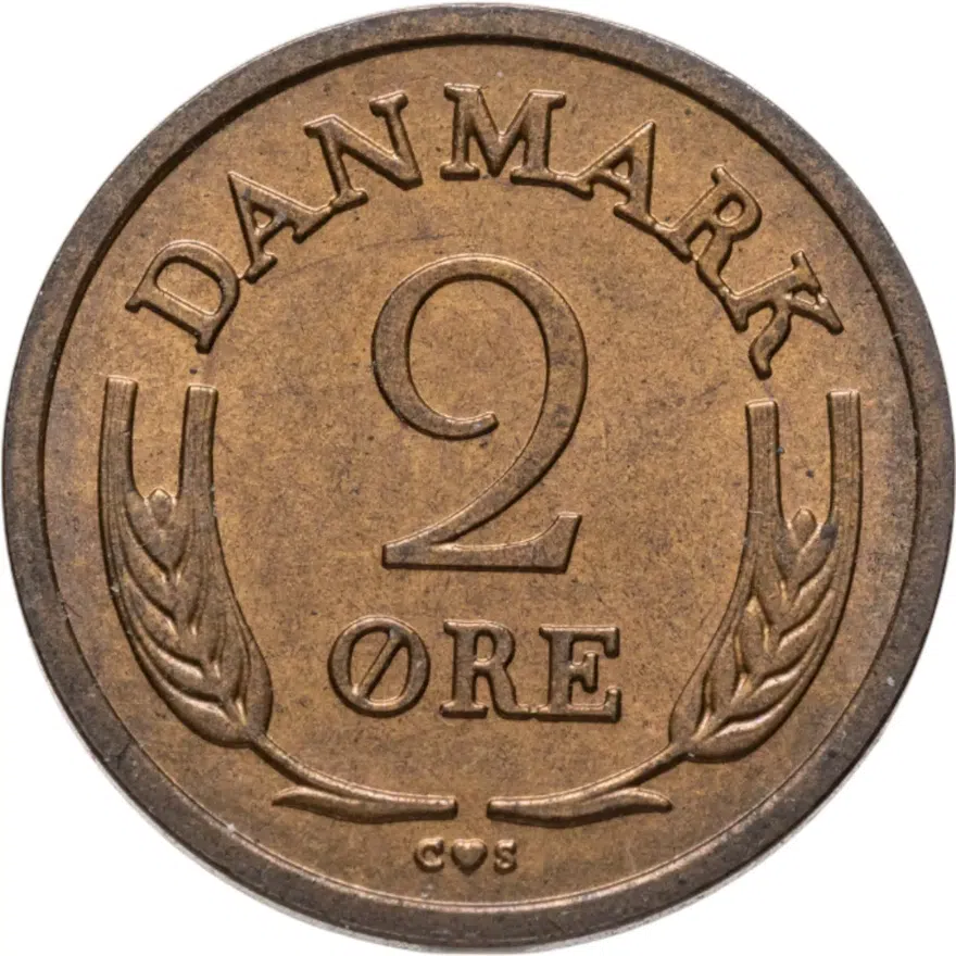 Дания 2 эре (ore) 1963  Бронза /коричневый цвет/, реверс