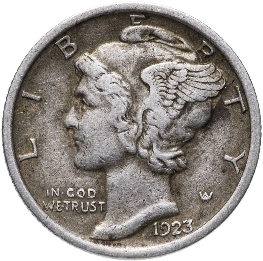 США 10 центов (дайм, one dime) 1923 Mercury Dime Без отметки монетного двора, аверс