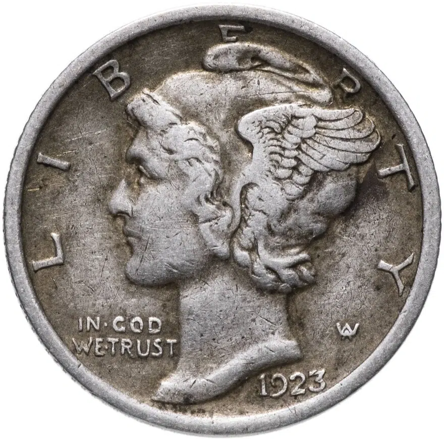 США 10 центов (дайм, one dime) 1923 Mercury Dime Без отметки монетного двора, реверс