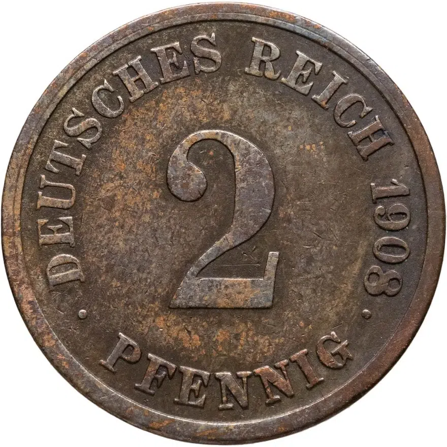 Германия 2 пфеннига (pfennig) 1908 G  знак монетного двора: "G" - Карлсруэ, аверс
