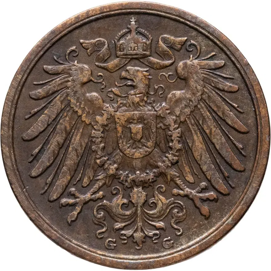 Германия 2 пфеннига (pfennig) 1908 G  знак монетного двора: "G" - Карлсруэ, реверс