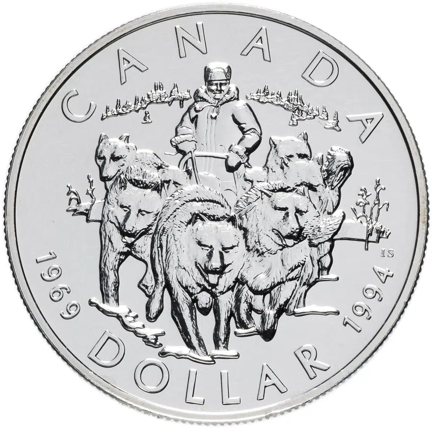 Канада 1 доллар (dollar) 1994 "25 лет последнему патрулю на собачьих упряжках", аверс