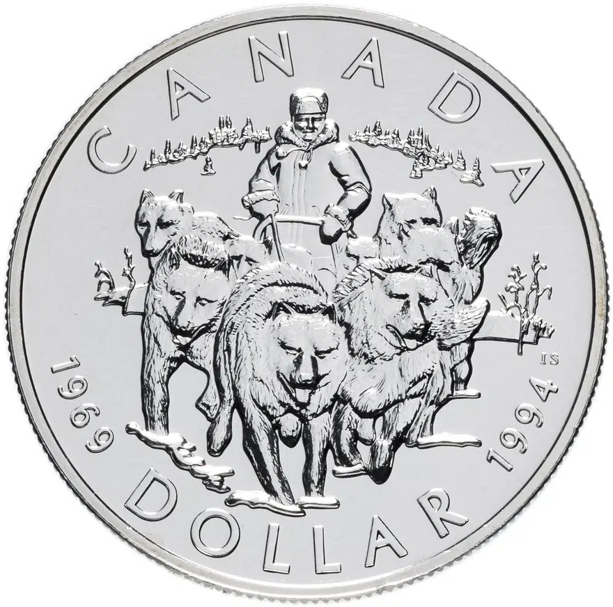 Канада 1 доллар (dollar) 1994 "25 лет последнему патрулю на собачьих упряжках", реверс