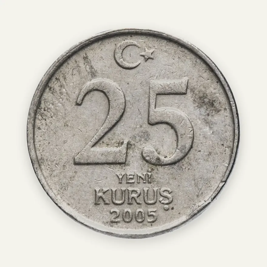 Турция 25 новых курушей (yeni kurus) 2005, аверс
