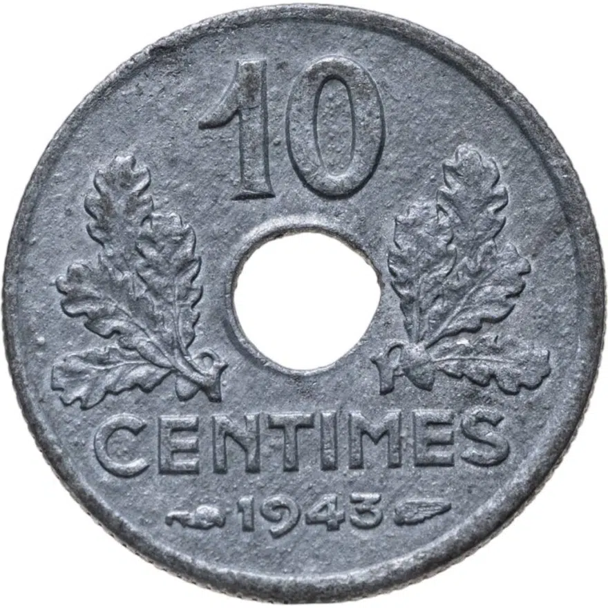 Франция 10 сантимов (centimes) 1943   новый тип: диаметр 17 мм, аверс