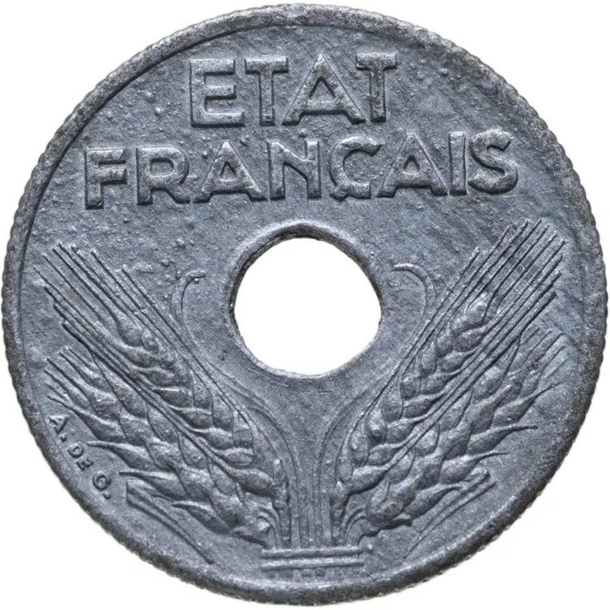Франция 10 сантимов (centimes) 1943   новый тип: диаметр 17 мм, реверс