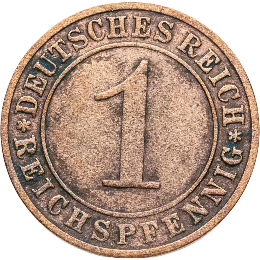 Германия 1 рейхспфенниг (reichspfennig) 1928 F  знак монетного двора "F" — Штутгарт