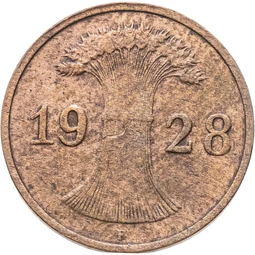 Германия 1 рейхспфенниг (reichspfennig) 1928 F  знак монетного двора "F" — Штутгарт, реверс