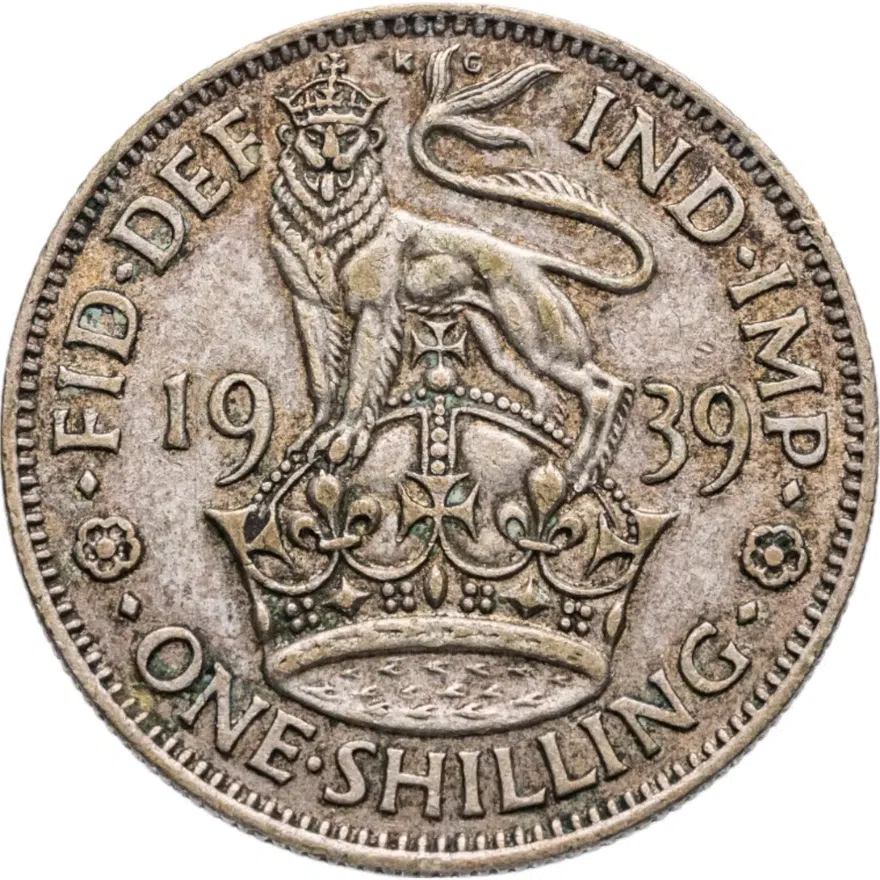 Великобритания 1 шиллинг (shilling) 1939  Английский шиллинг - лев, стоящий на короне, аверс