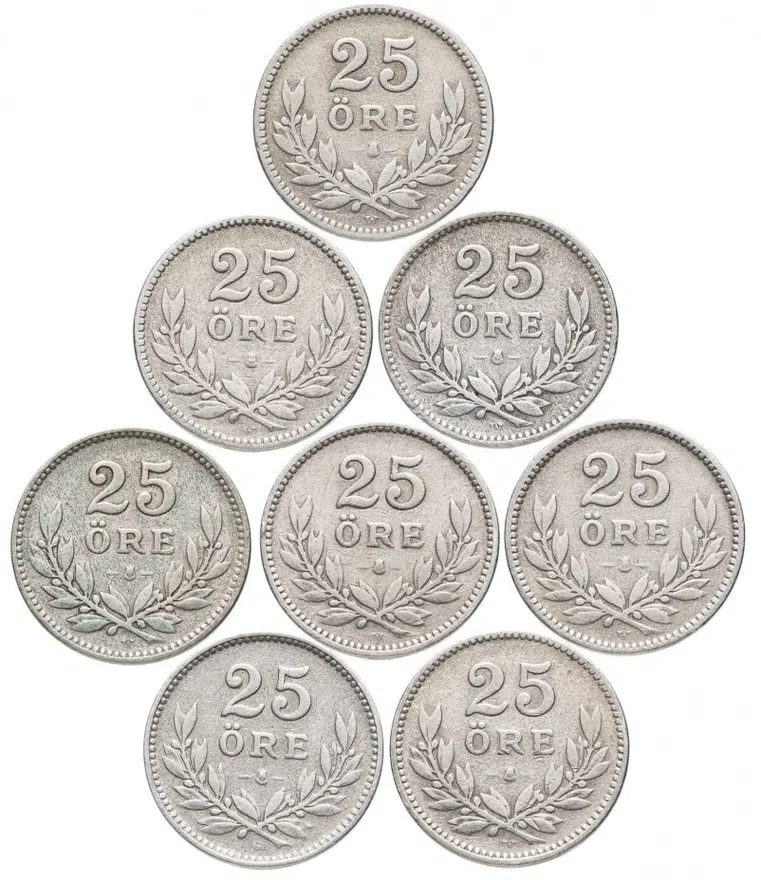 Швеция набор из 8 монет 25 эре 1910-1928, аверс