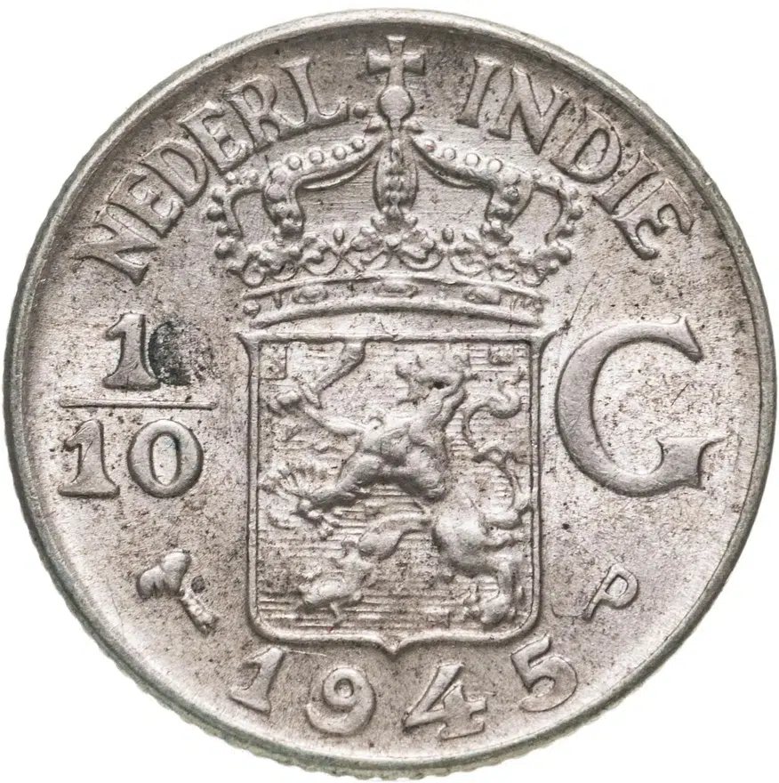 Голландская Ост-Индия 1/10 гульдена (gulden) 1945 P  знак монетного двора: "P" - Филадельфия, аверс