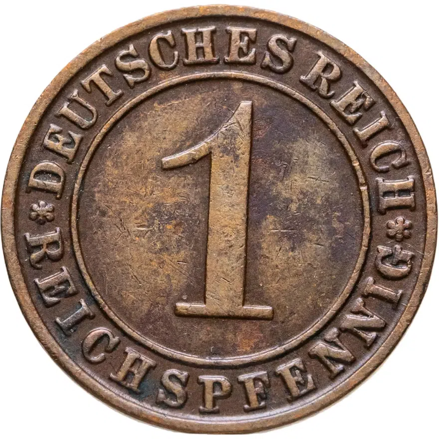 Германия 1 рейхспфенниг (reichspfennig) 1925 G  знак монетного двора "G" — Карлсруэ
