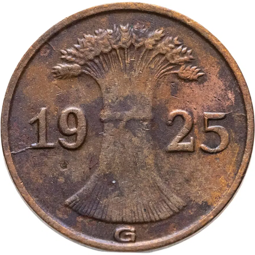 Германия 1 рейхспфенниг (reichspfennig) 1925 G  знак монетного двора "G" — Карлсруэ, реверс