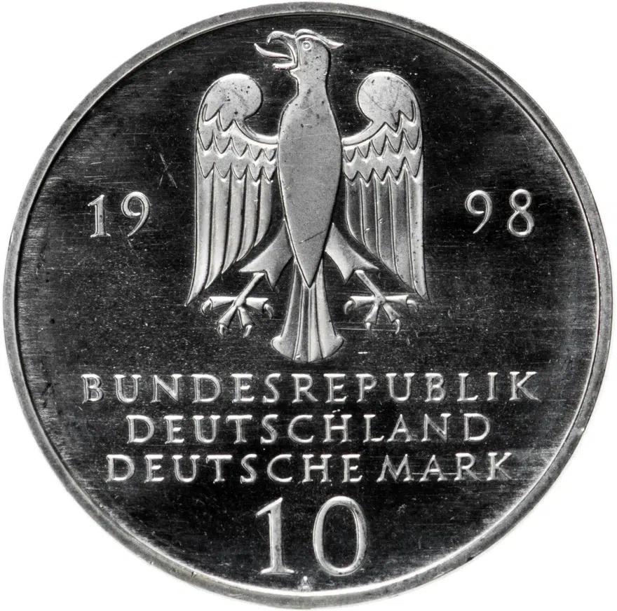 Германия 10 марок (mark) 1998 J 300 лет Франкскому благотворительному фонду знак монетного двора: "J" - Гамбург, реверс