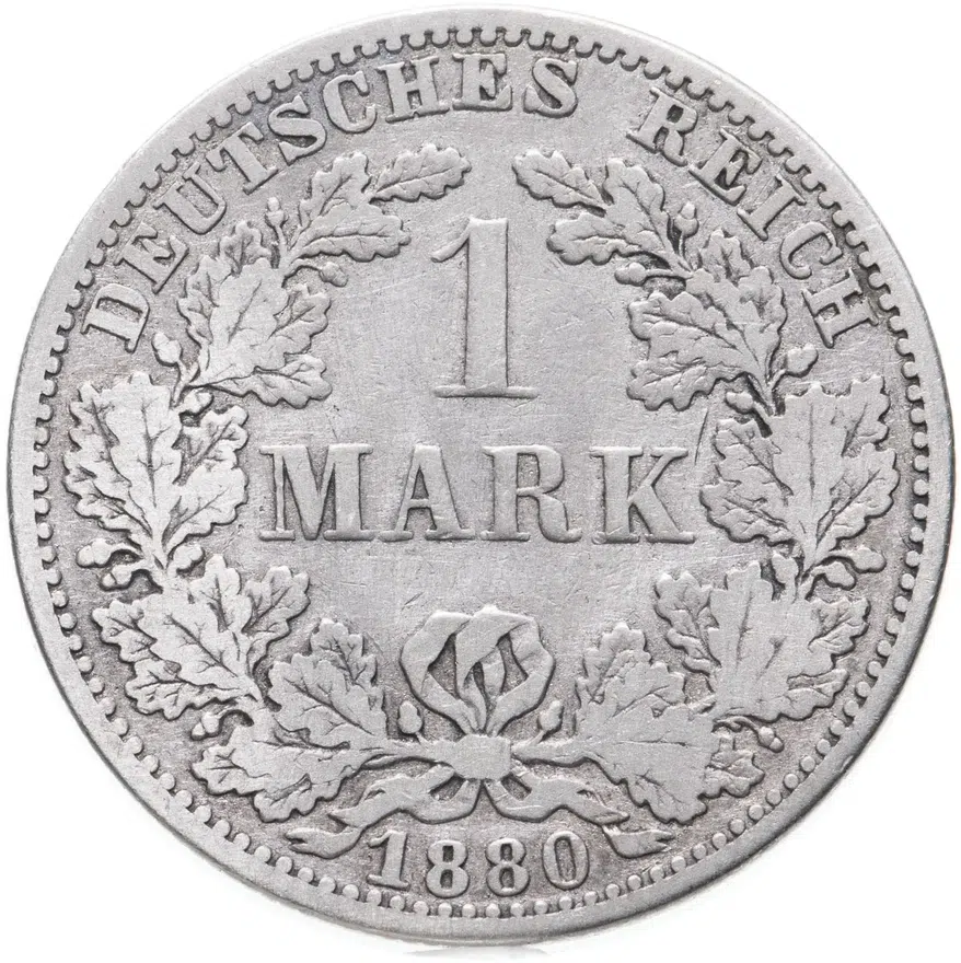 Германия 1 марка (mark) 1880 A  знак монетного двора: "A" - Берлин, аверс