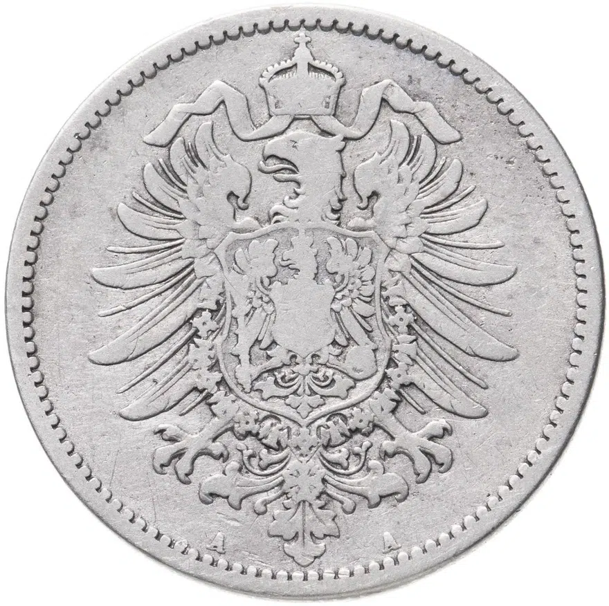 Германия 1 марка (mark) 1880 A  знак монетного двора: "A" - Берлин, реверс