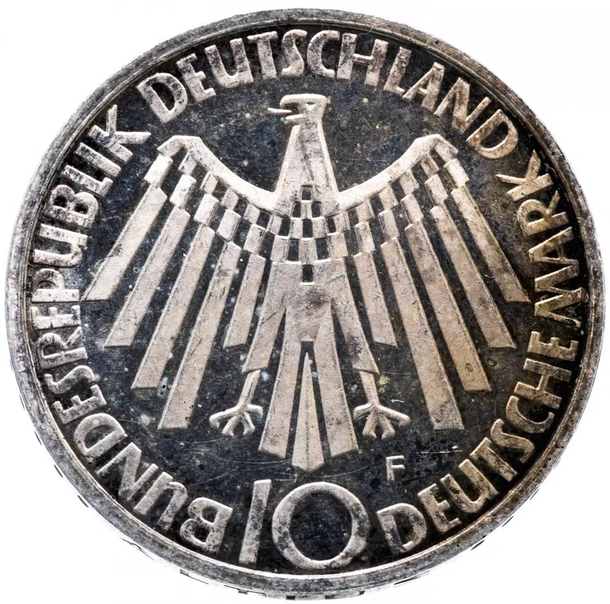 Германия 10 марок 1972 F  "XX летние Олимпийские Игры, Мюнхен 1972 - Эмблема "In München"", реверс