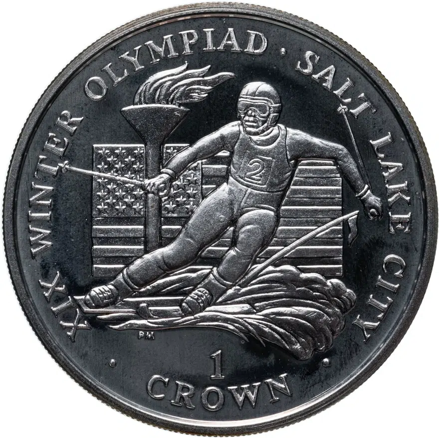Остров Мэн 1 крона (crown) 2002  XIX зимние Олимпийские Игры, Солт-Лейк-Сити 2002 - Лыжный спорт, аверс