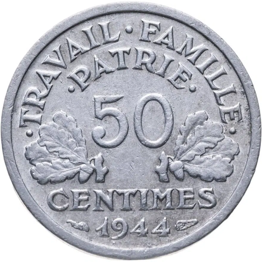 Франция 50 сантимов (centimes) 1944  ÉTAT FRANÇAIS знак монетного двора: "B" - Бомон-ле-Роже, аверс