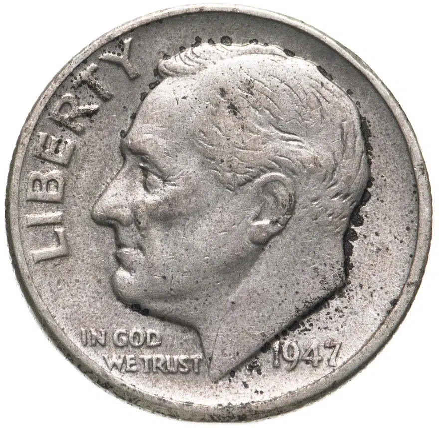 США 10 центов (дайм, one dime) 1947 "Silver Roosevelt Dime (Рузвельт)" без обозначения монетного двора