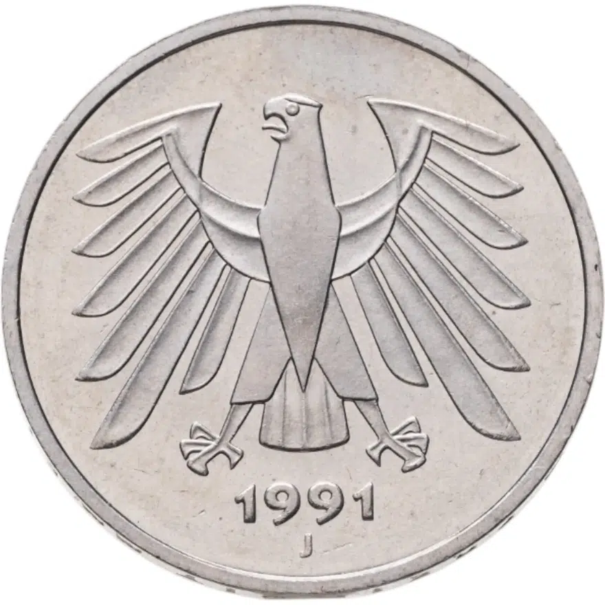 Германия 5 марок 1991 J знак монетного двора "J" - Гамбург, реверс