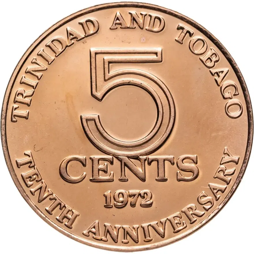 Тринидад и Тобаго 5 центов (cents) 1972 FM 10 лет независимости знак монетного двора "FM" — The Franklin Mint, США