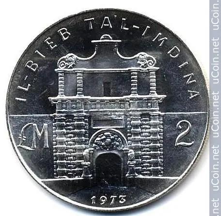 Мальта 2 лиры (liri) 1973  Ворота Мдины