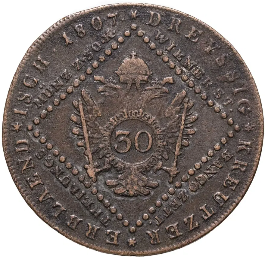 Австрия 30 крейцеров (kreuzer) 1807 S  знак монетного двора "S" - Смолник, реверс
