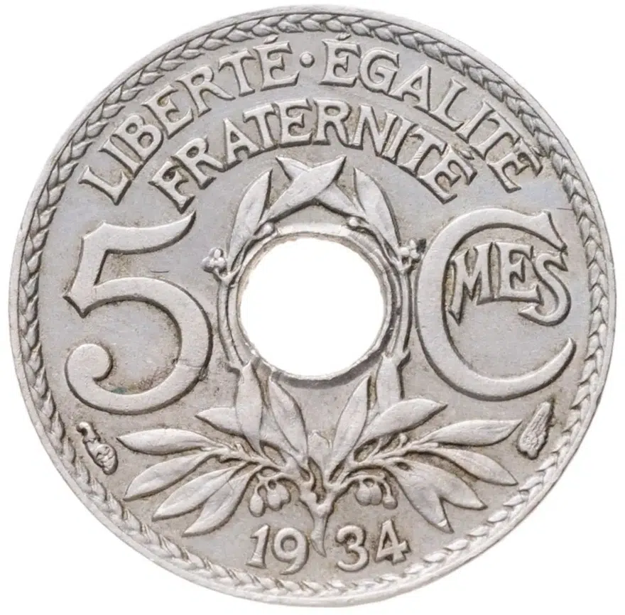 Франция 5 сантимов (centimes) 1934  Новый тип: Отверстие в центре, аверс