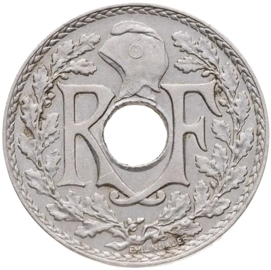 Франция 5 сантимов (centimes) 1934  Новый тип: Отверстие в центре, реверс