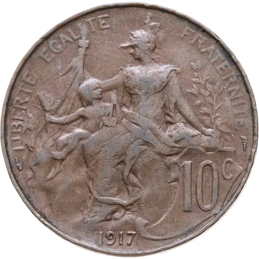 Франция 10 сантимов (centimes) 1917  Без отверстия в центре, реверс