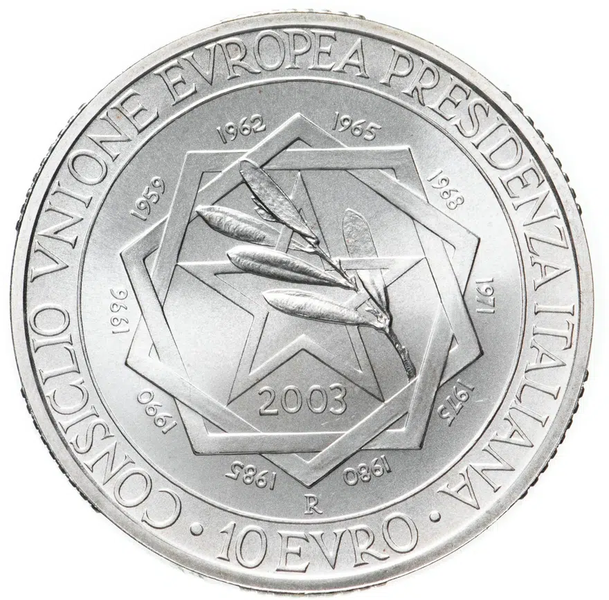 Италия 10 евро (euro) 2003  Председательство Италии в Совете ЕС, аверс