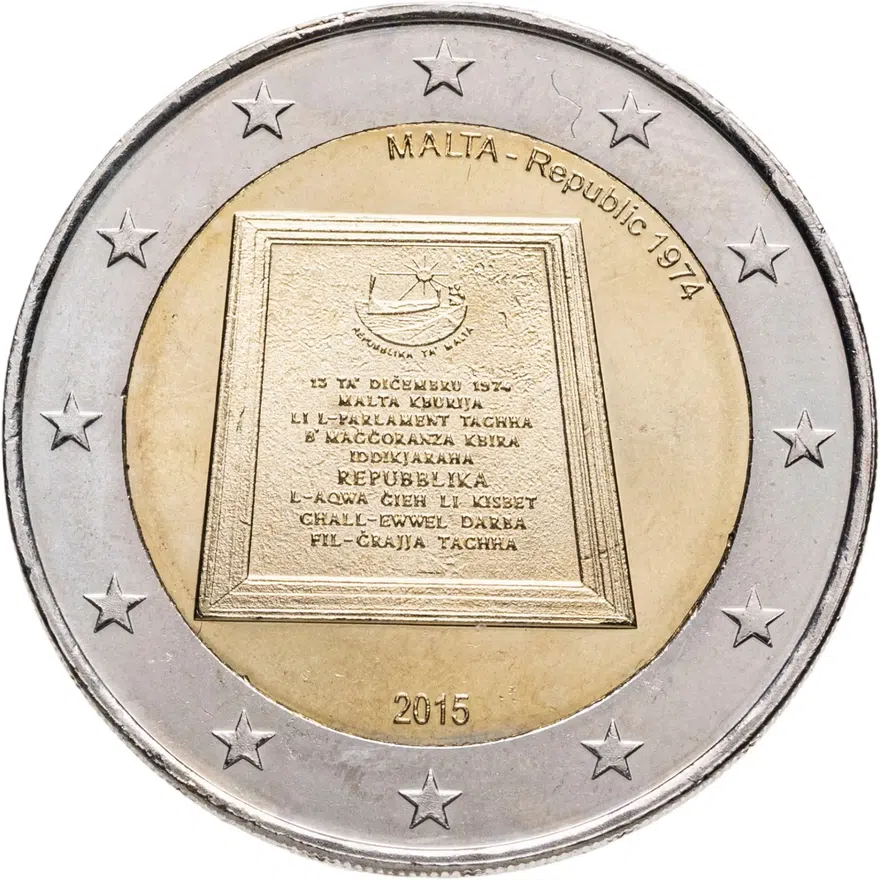 Мальта 2 евро 2015 Конституция Мальты - Республика 1974 года, аверс