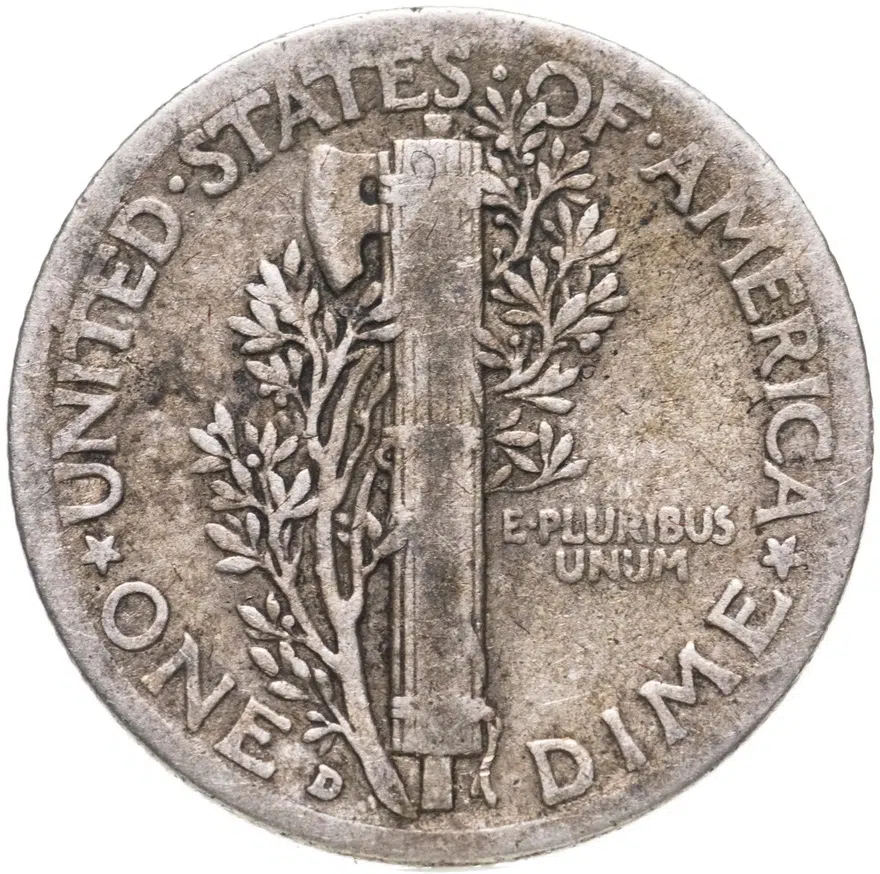 США 10 центов (дайм, one dime) 1939 D Mercury Dime знак монетного двора: "D" - Денвер
