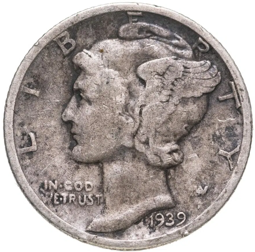 США 10 центов (дайм, one dime) 1939 D Mercury Dime знак монетного двора: "D" - Денвер, реверс