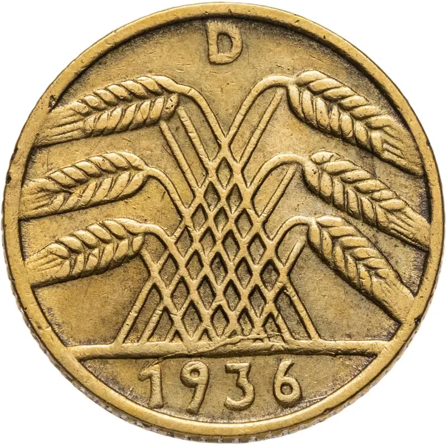 Германия 5 рейхспфеннигов (reichspfennig) 1936 D, старый тип, знак монетного двора "D" — Мюнхен