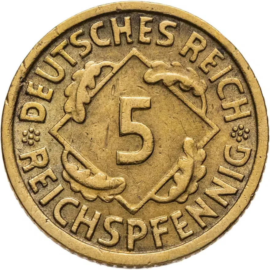 Германия 5 рейхспфеннигов (reichspfennig) 1936 D, старый тип, знак монетного двора "D" — Мюнхен, реверс