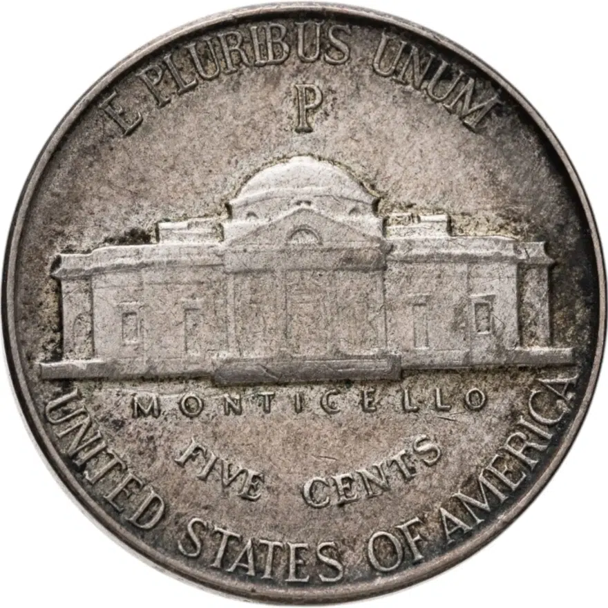 США 5 центов (cents) 1945 Jefferson Nickel (Джефферсон) знак монетного двора "P" - Филадельфия, реверс