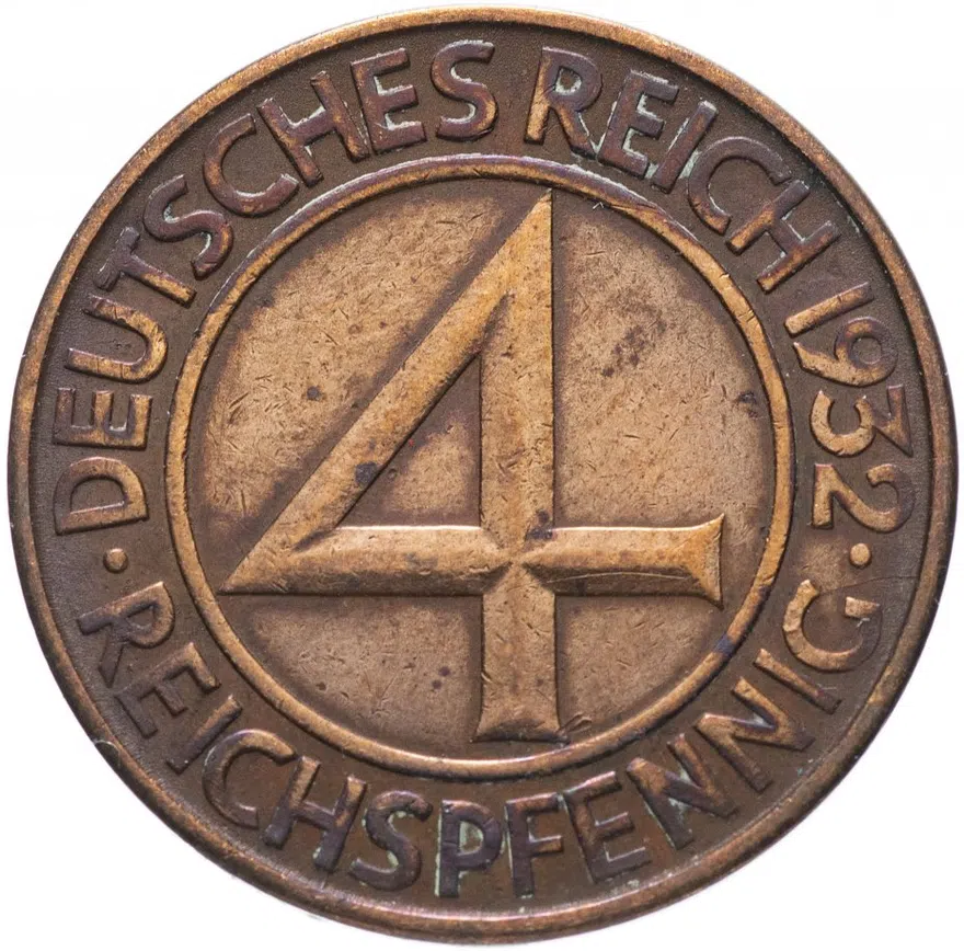Германия (Веймарская республика) 4 рейх пфеннига (reichspfennig) 1932 D, аверс