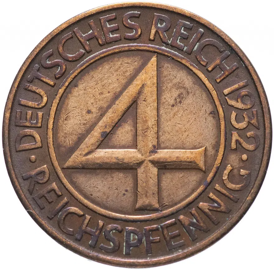 Германия (Веймарская республика) 4 рейх пфеннига (reichspfennig) 1932 D, реверс