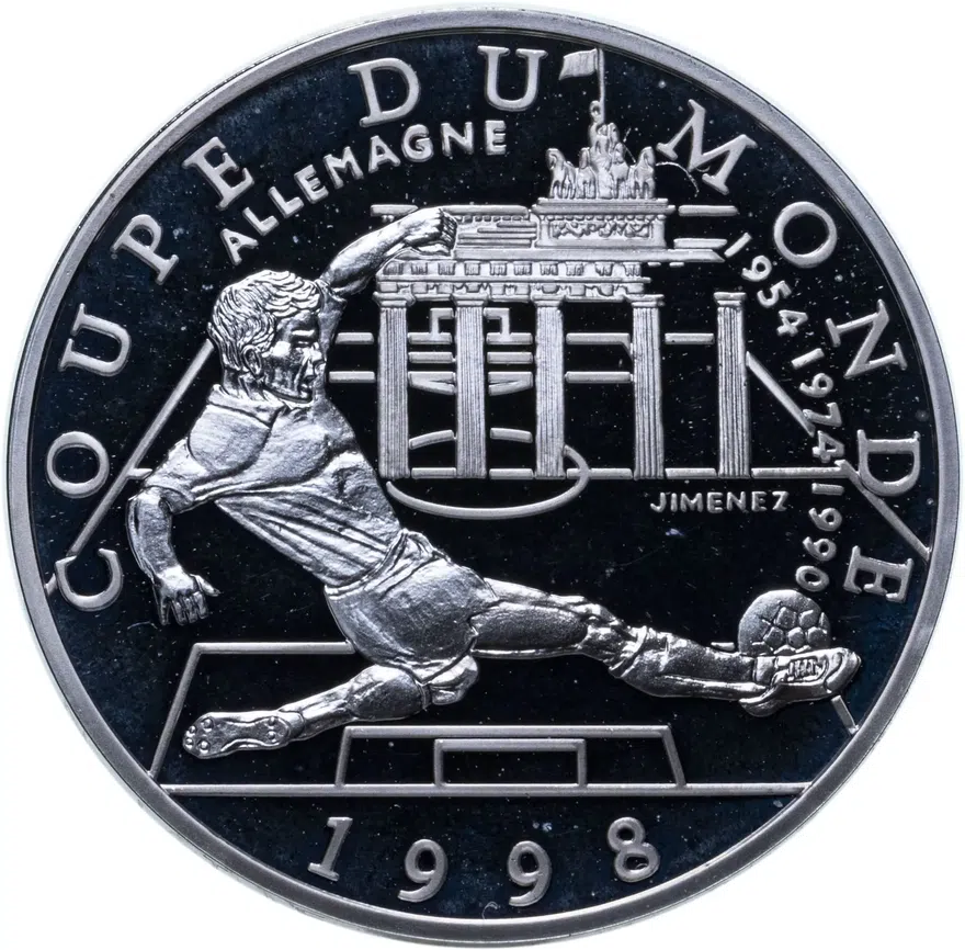 Франция 10 франков (francs) 1997 Чемпионат мира по футболу 1998 - Италия 1934, 1938, 1982, аверс