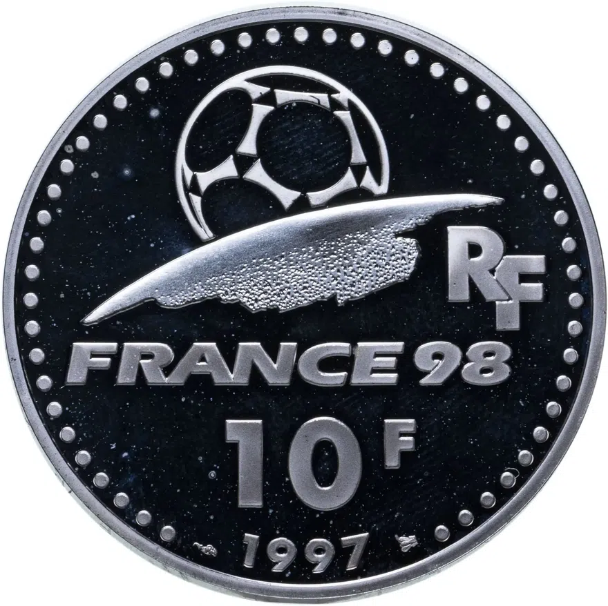 Франция 10 франков (francs) 1997 Чемпионат мира по футболу 1998 - Италия 1934, 1938, 1982, реверс